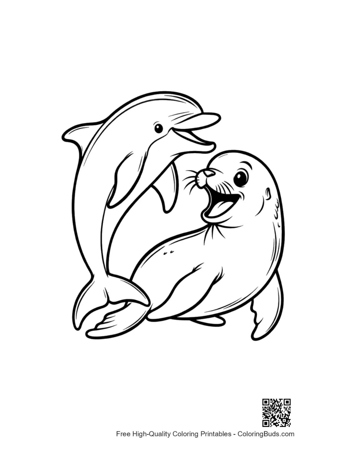 Playful dolphin and seal cartoon illustration