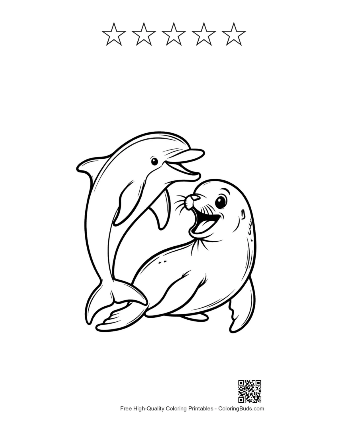 Playful dolphin seal cartoon with 5-star outline printable