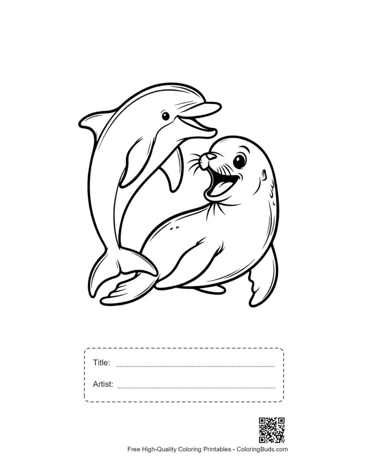 Printable playful dolphin seal cartoon with title box