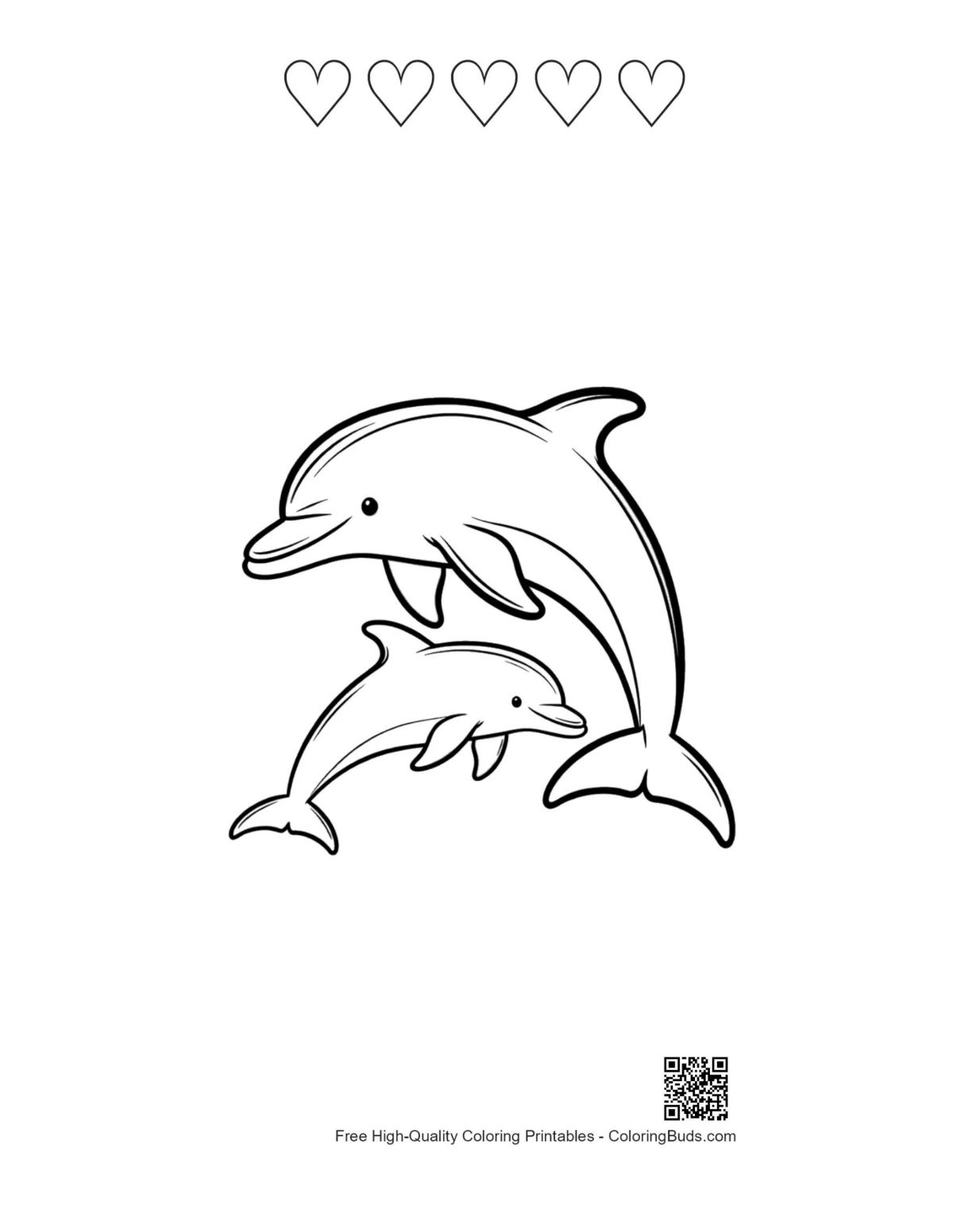 Playful dolphin family with 5 heart outline design