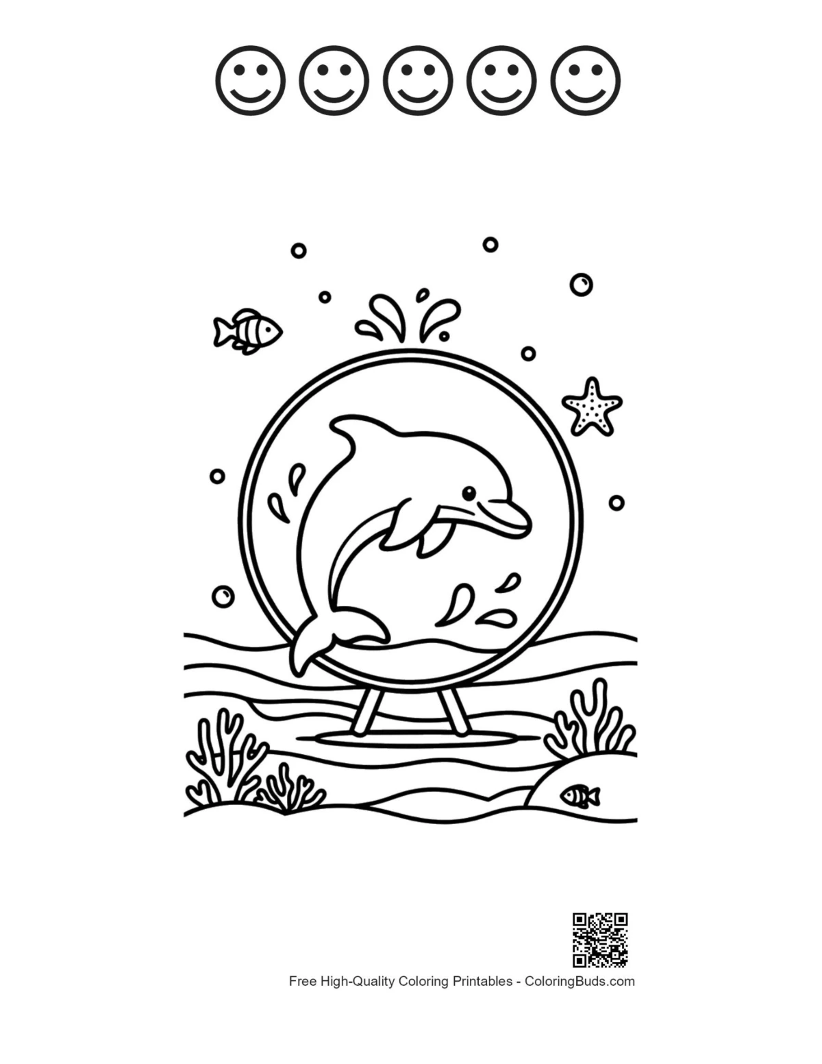 Dolphin hoop jump with 5 happy faces outline