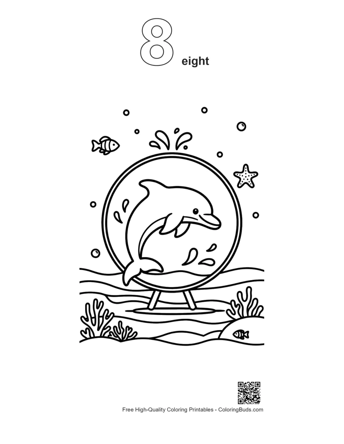 Dolphin jumping hoop printable outline number 8