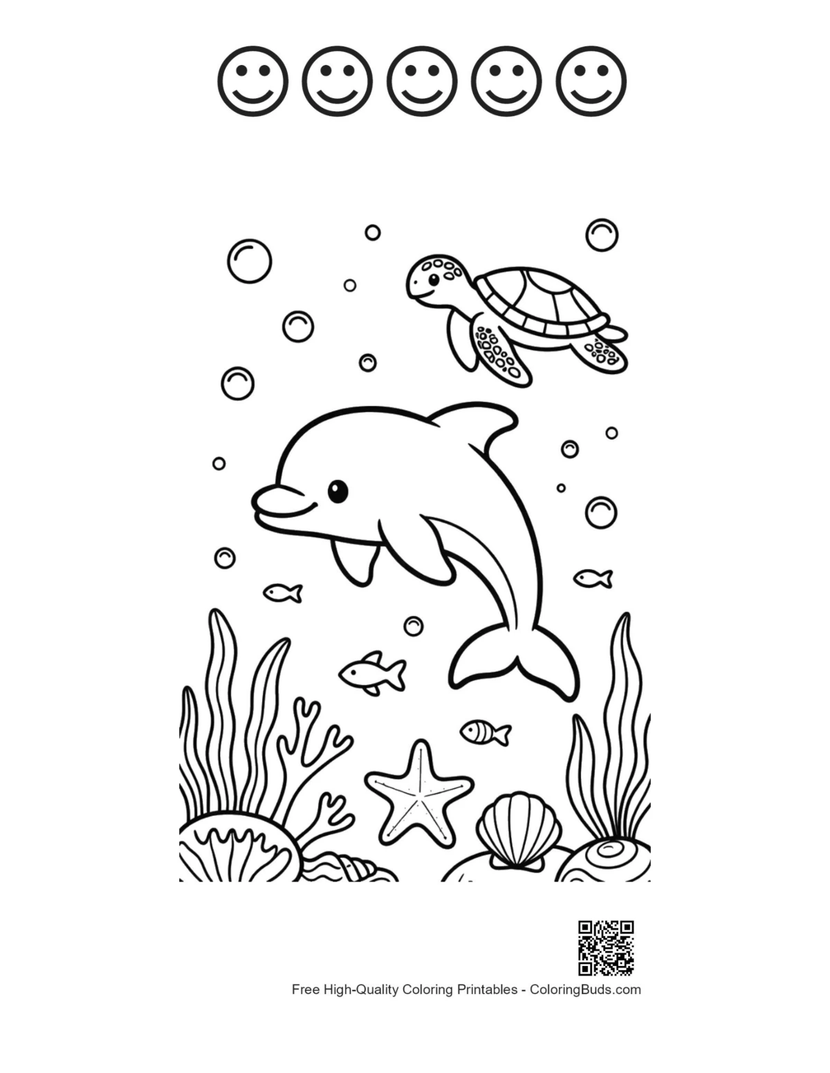 Dolphin leaping lifebuoy 5 happy faces outline