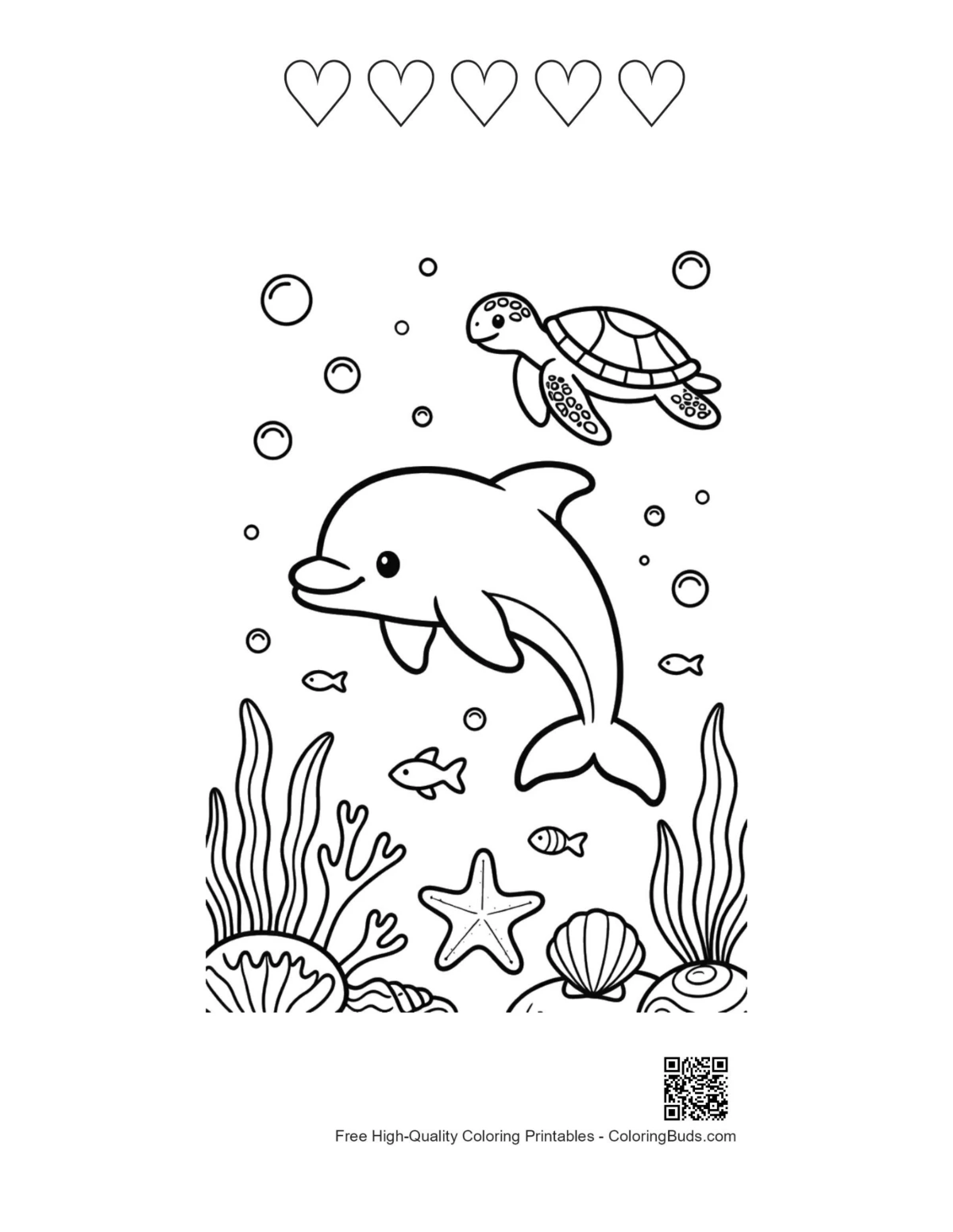 Lifebuoy dolphin with 5 heart outline printable