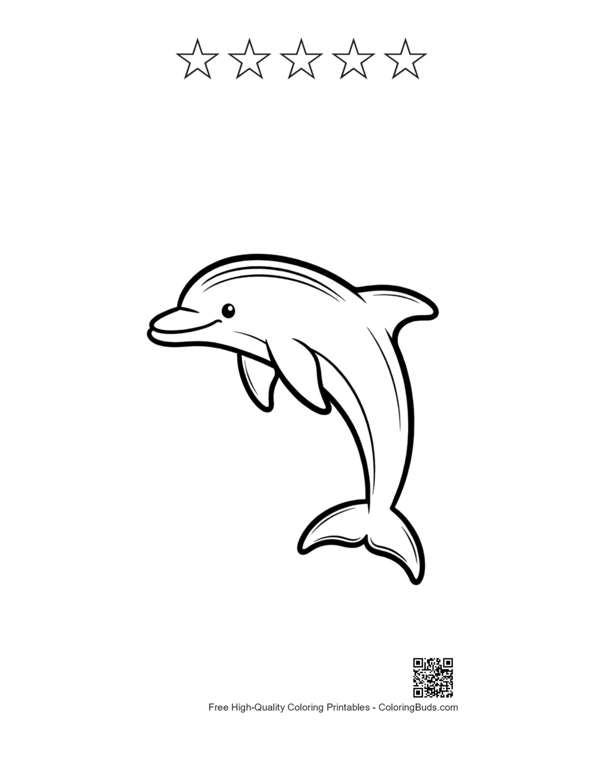 Playful dolphin mid-jump printable with 5 star outlines