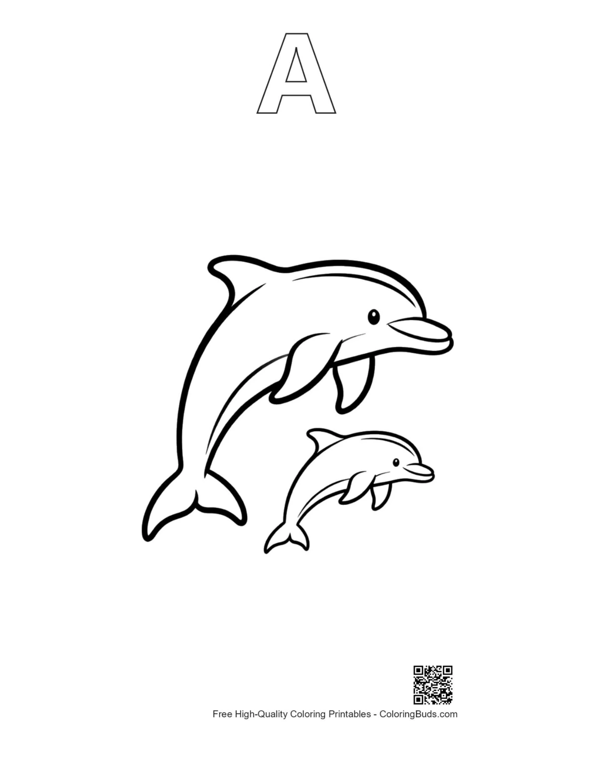 Dolphin mother baby leaping outline with alphabet A printable