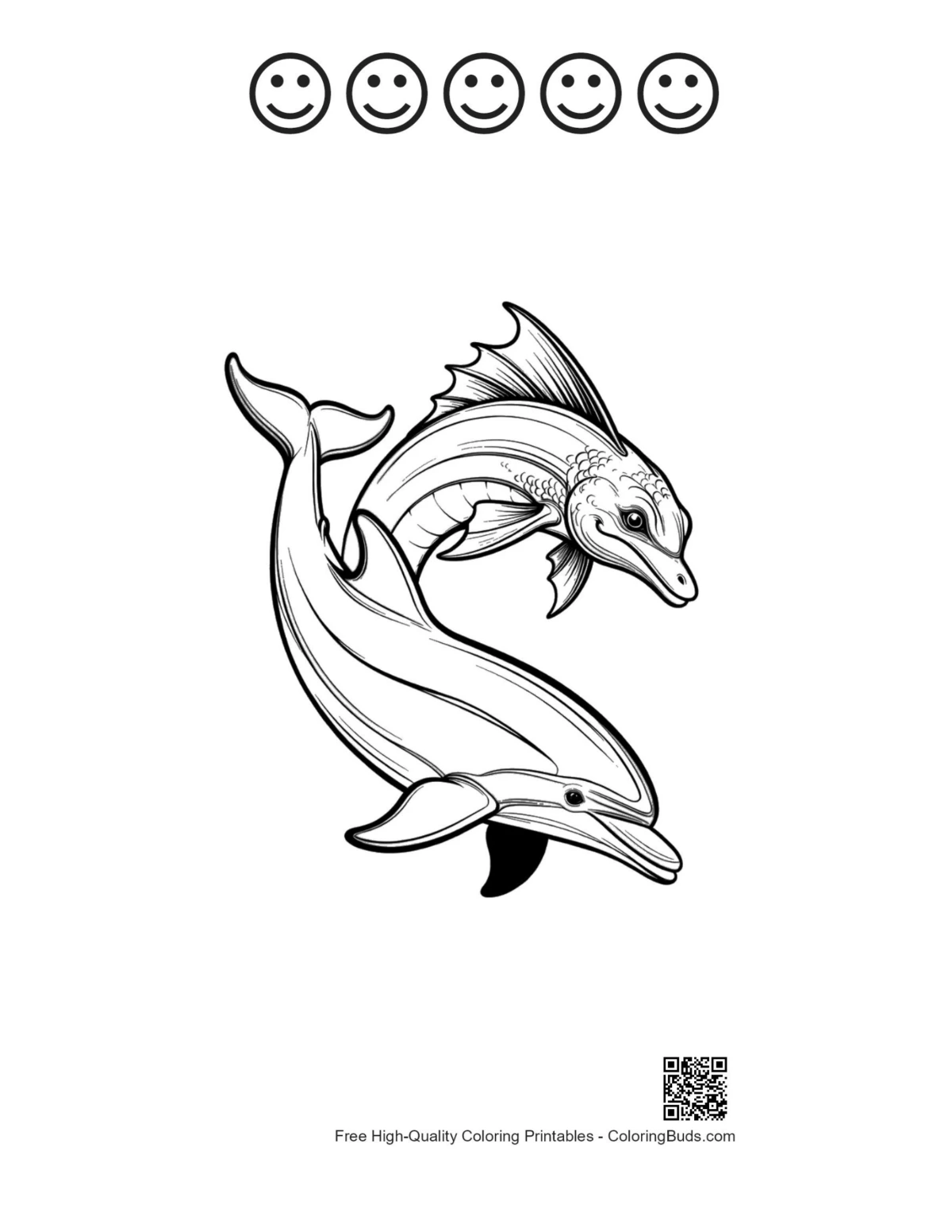 Leaping dolphins with 5 happy faces