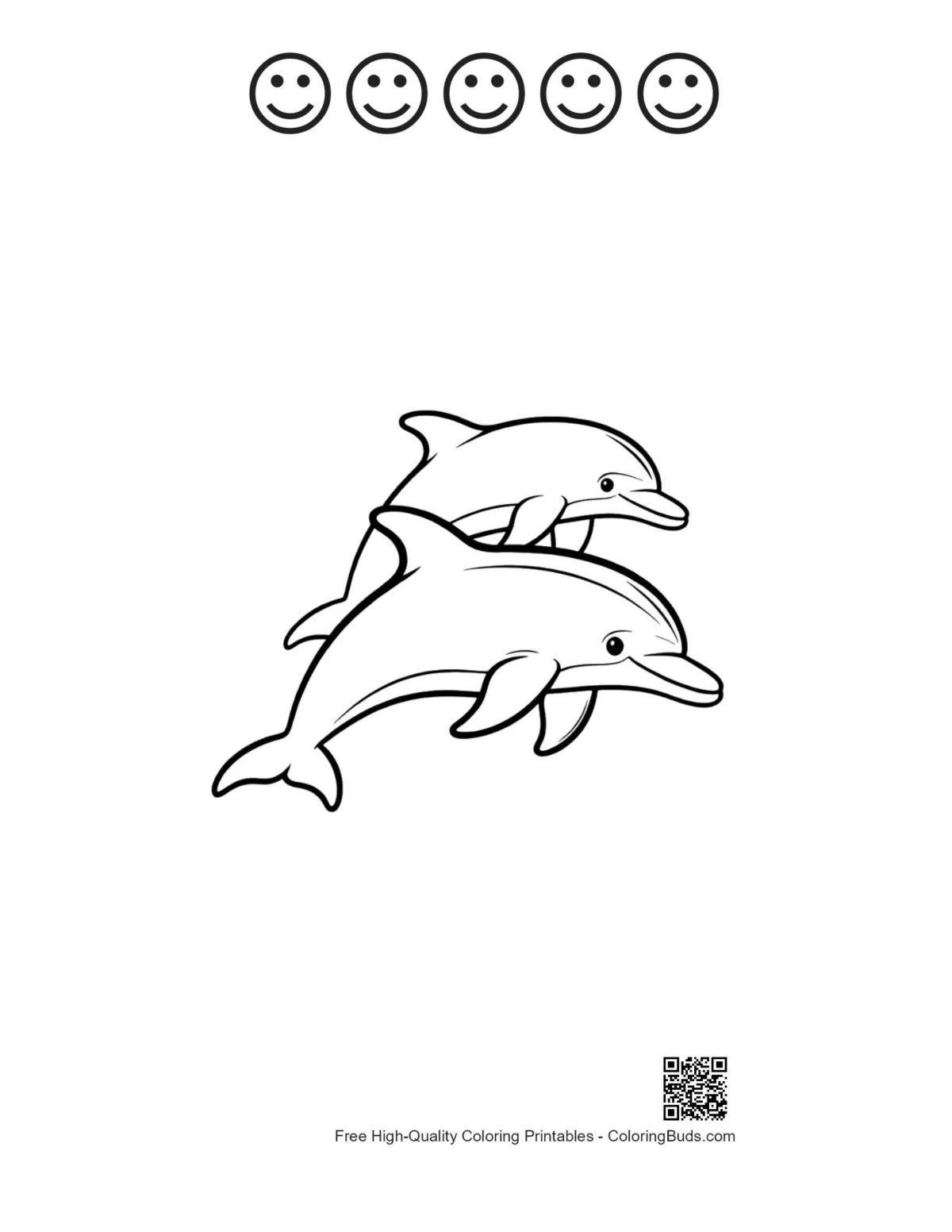 Playful dolphins leaping 5 happy faces outline page