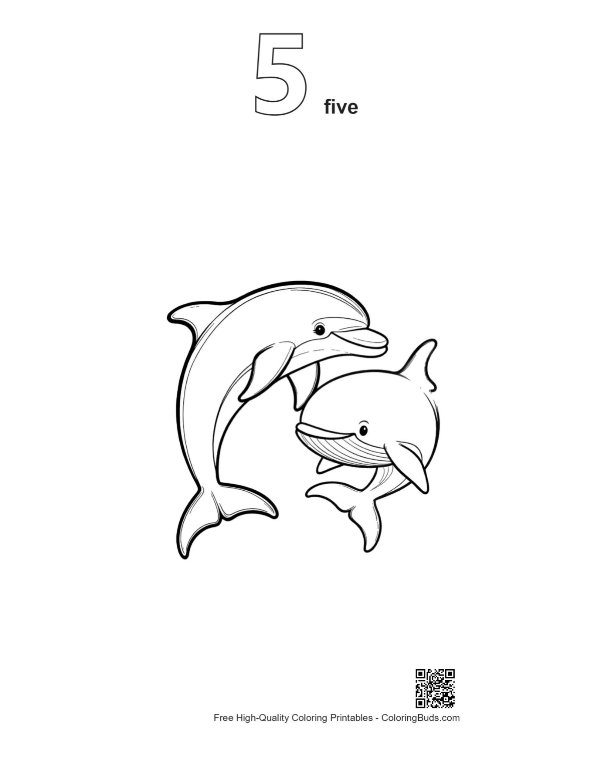Dolphins leaping printable with number 5 outline for kids