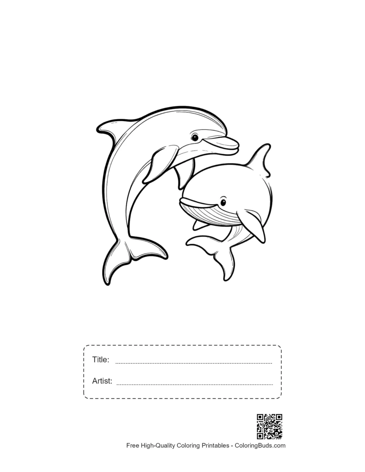 Printable playful dolphins leaping with title and artist space
