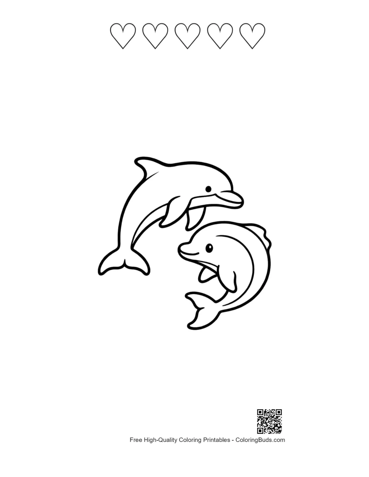 Dolphins printable with 5 heart outlines