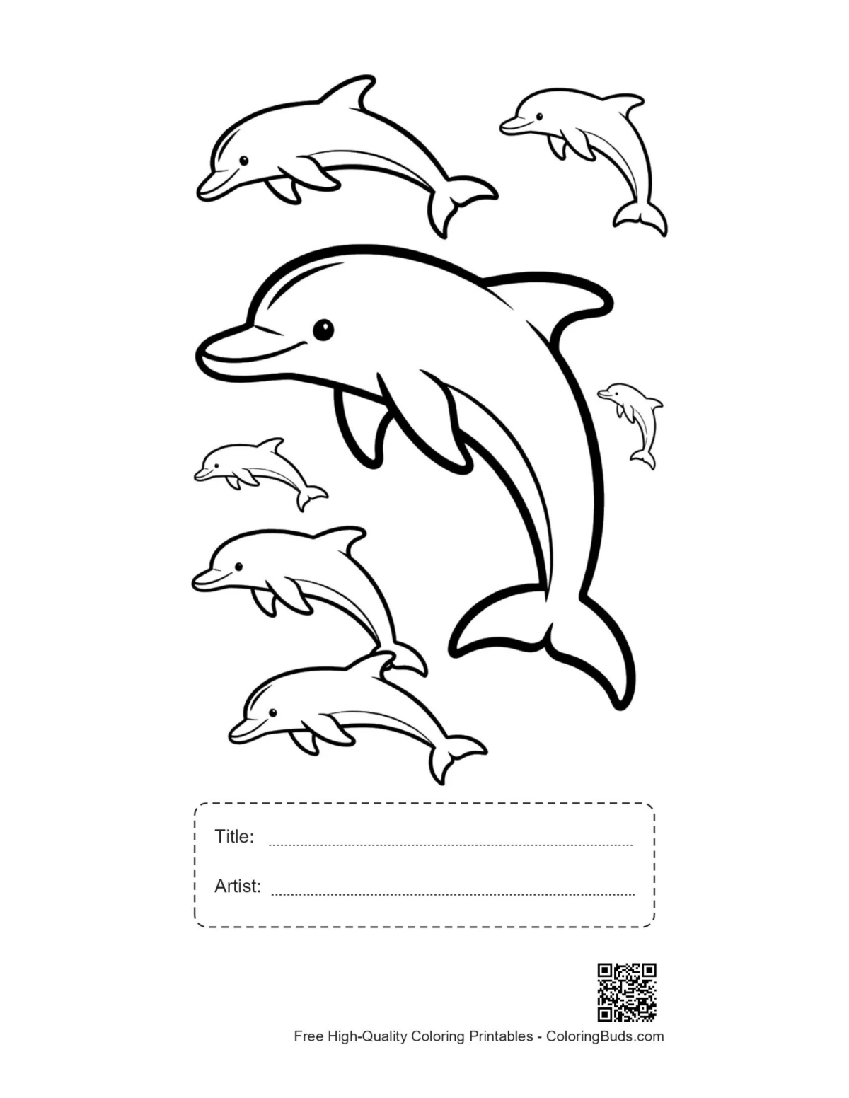 Printable dolphins leaping with title and artist space