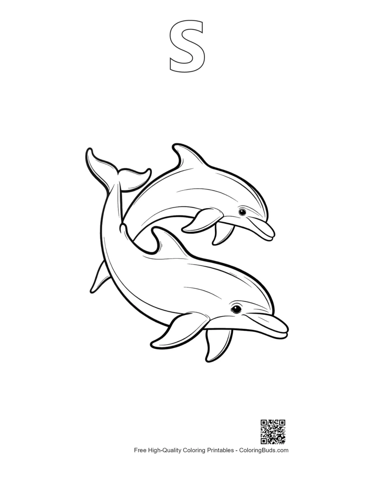 Dolphins leaping outline with alphabet S printable