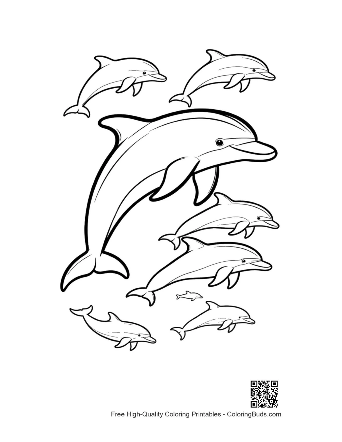 Playful pod dolphins leaping coloring page