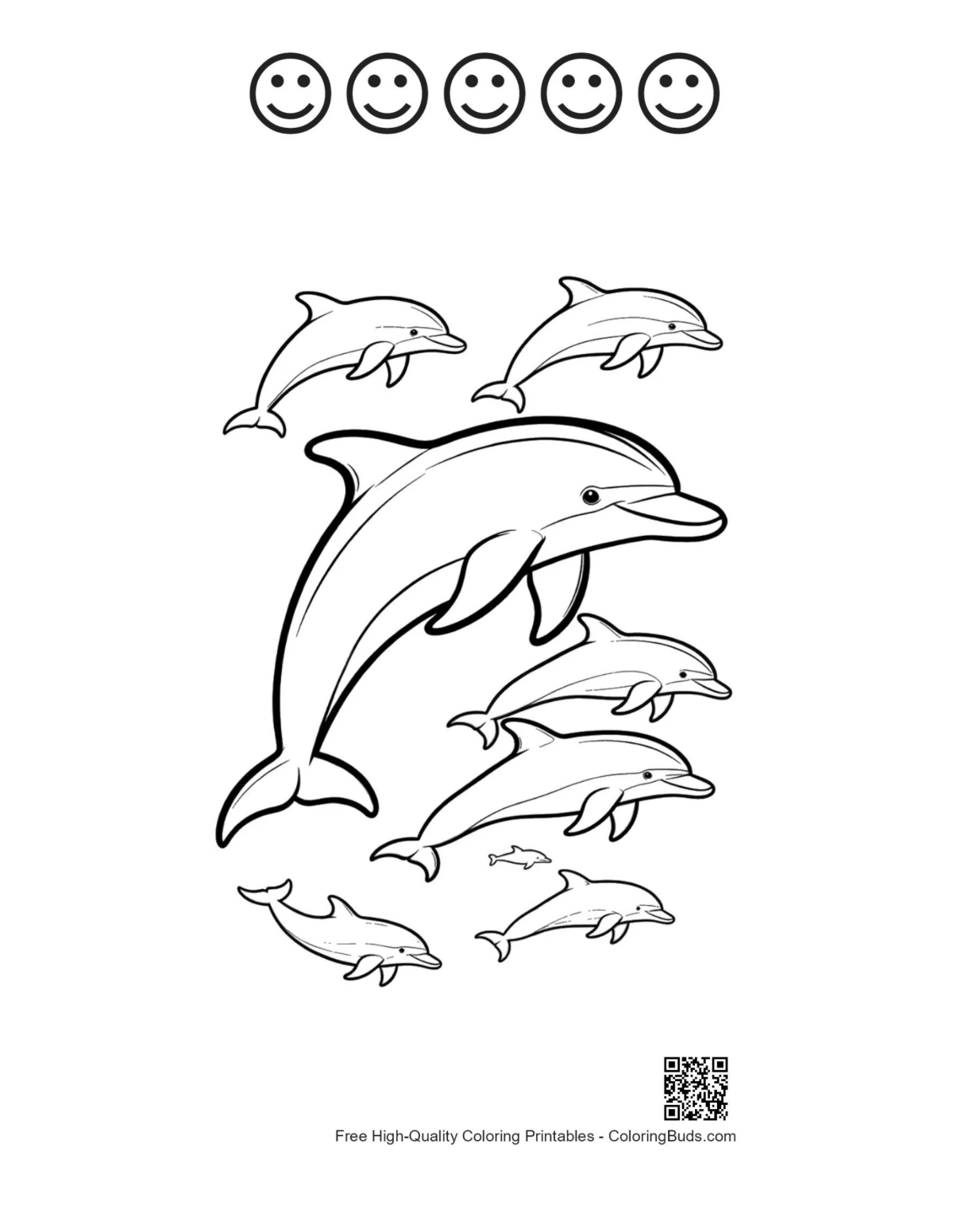 Dolphins leaping with 5 happy faces outline printable