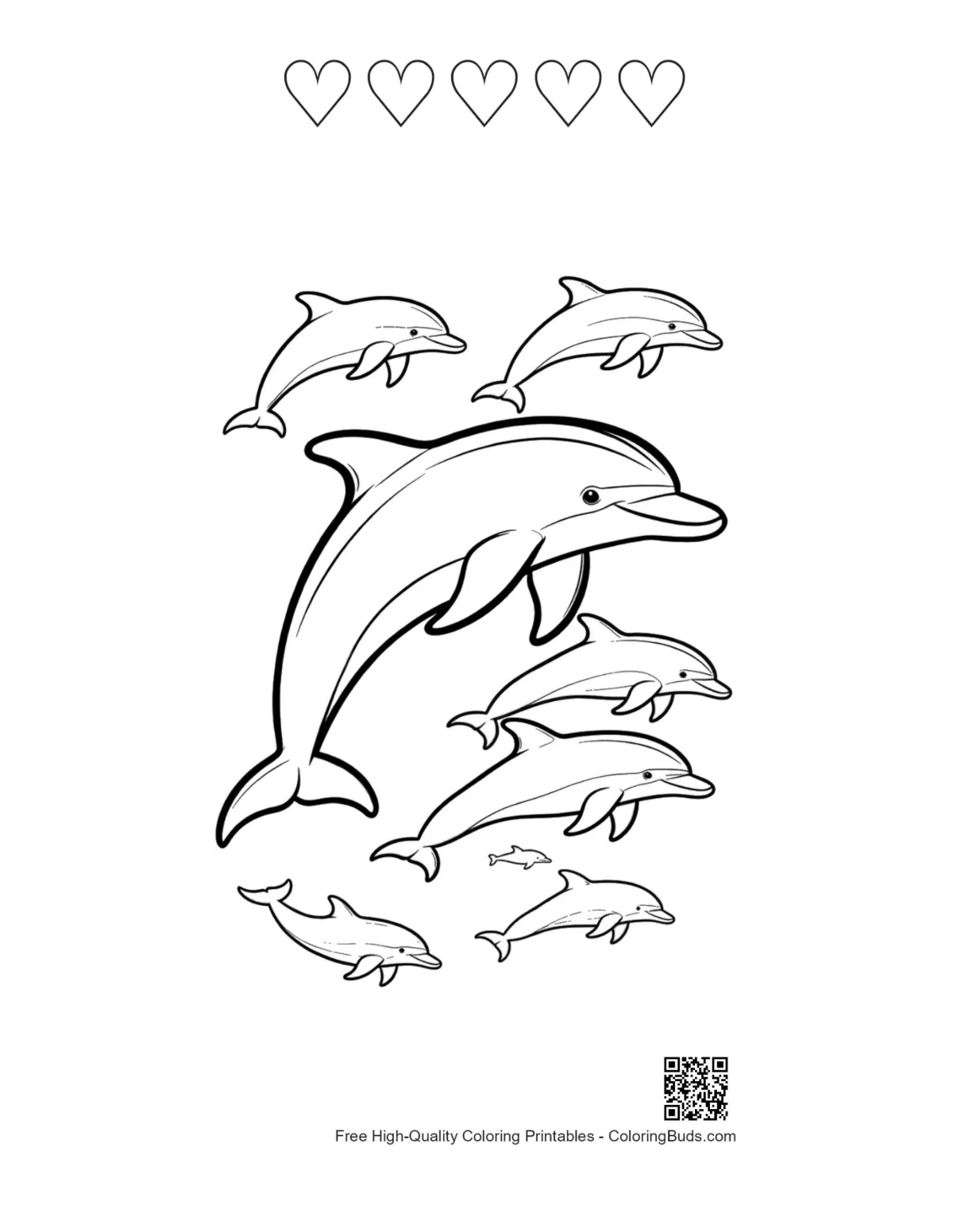 Playful dolphins leaping hearts outline printable