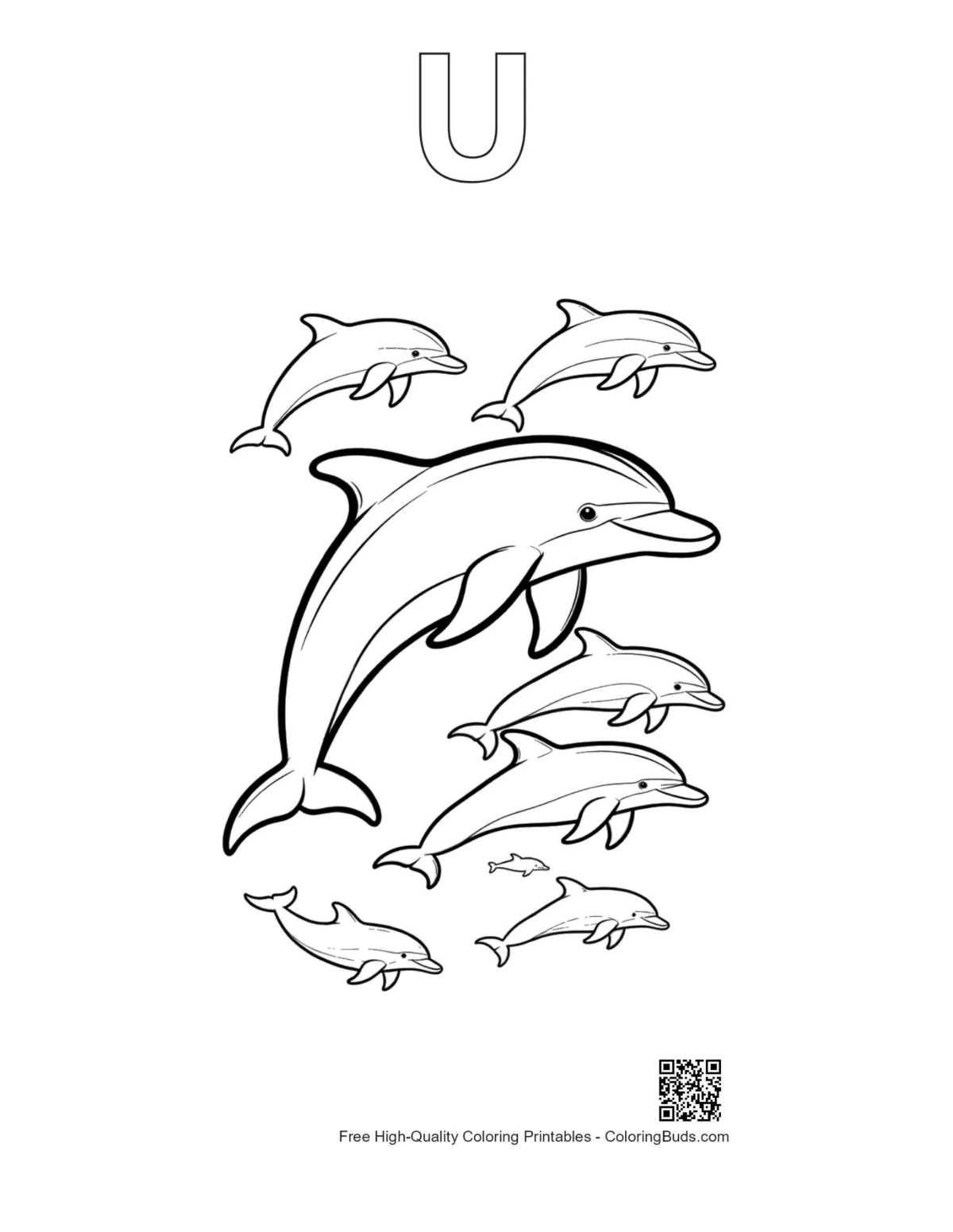 Dolphins leaping printable with alphabet U outline