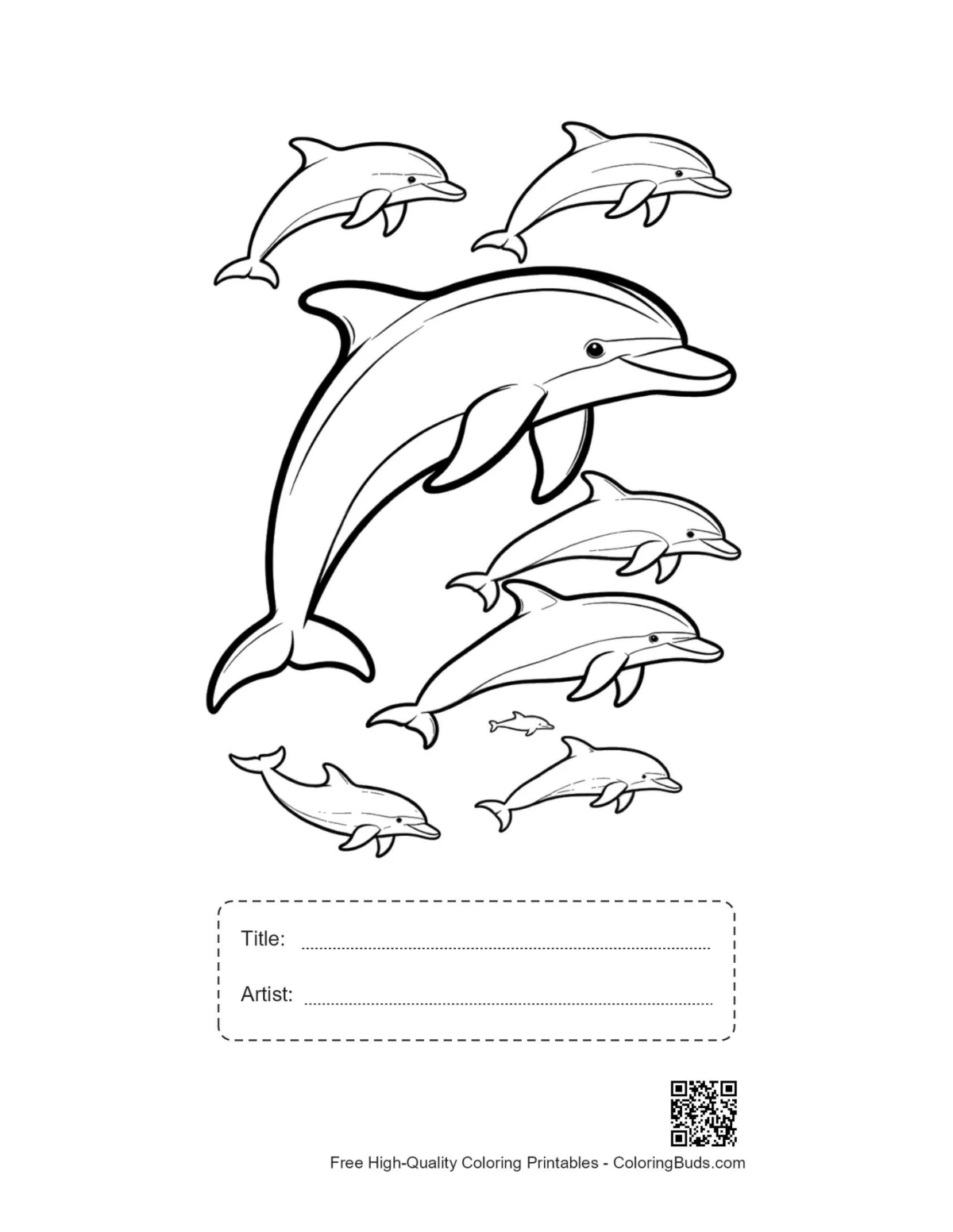 Printable dolphins leaping with title artist box