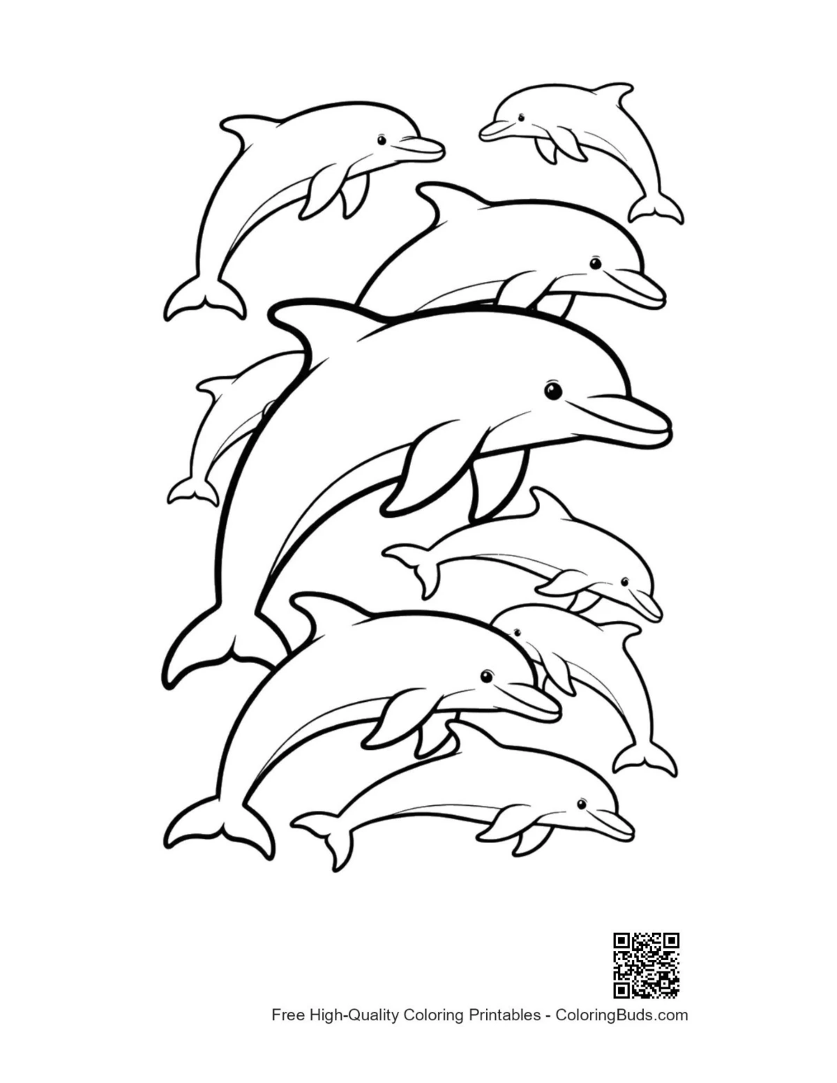 Playful pod of dolphins outline coloring page