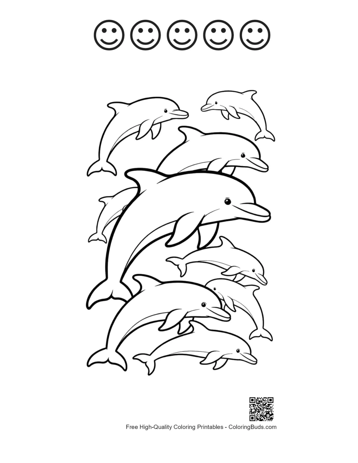 Dolphins printable with 5 happy faces outline