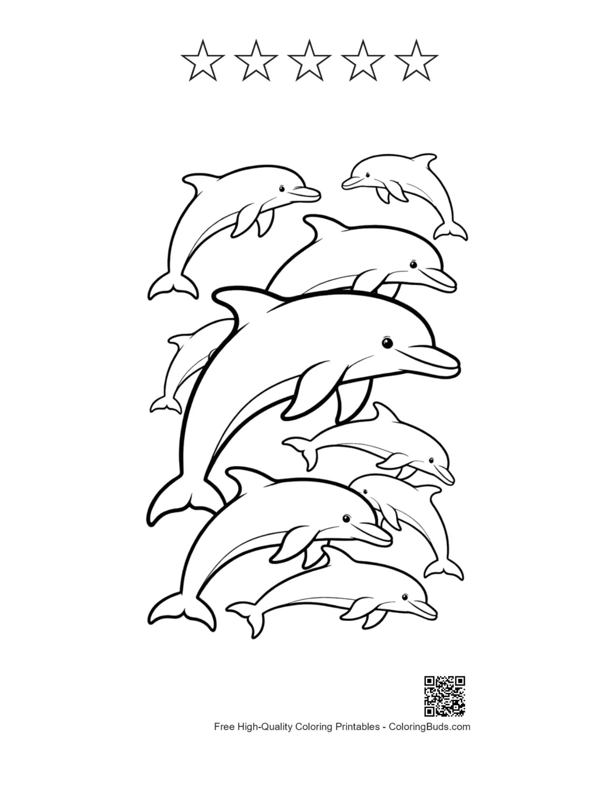 Dolphins outline printable with 5 stars
