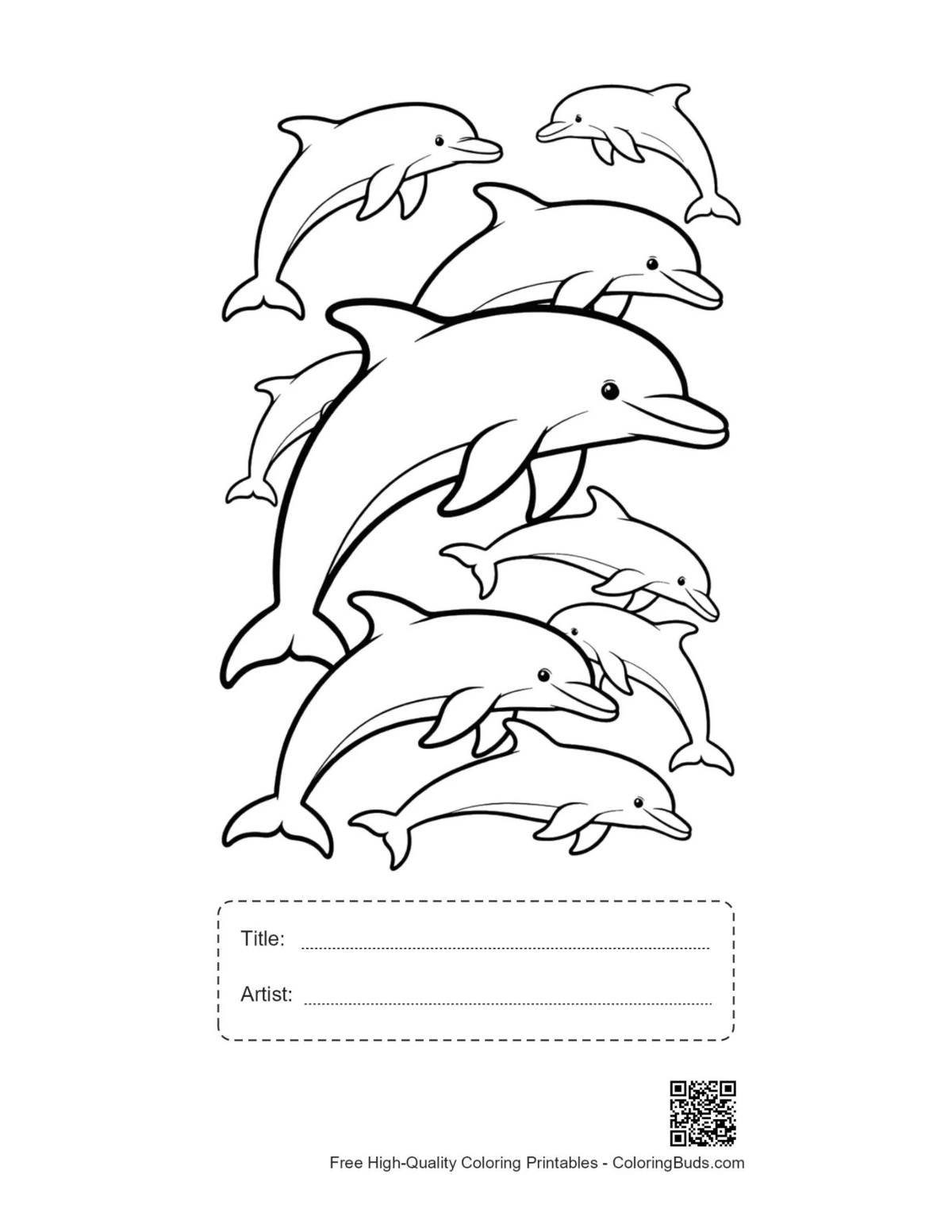 Playful pod dolphins outline printable with title box