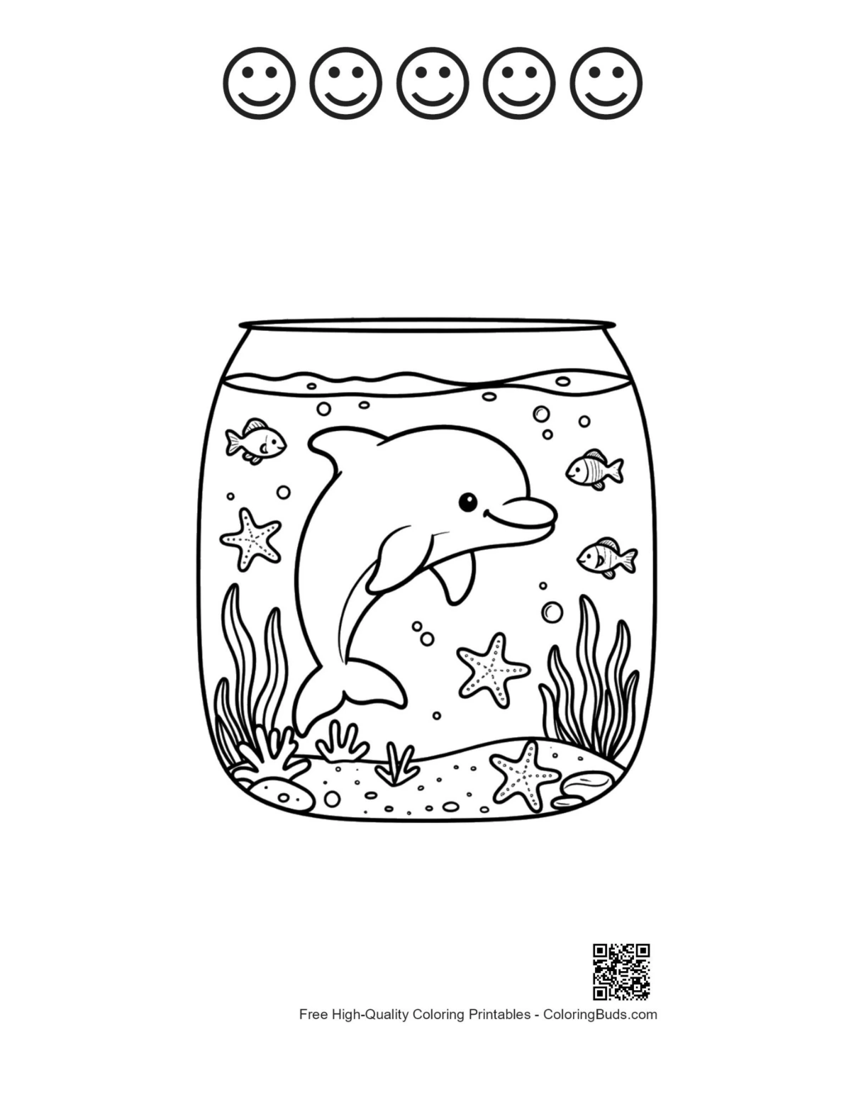 Dolphin in glass bubble with 5 happy faces printable