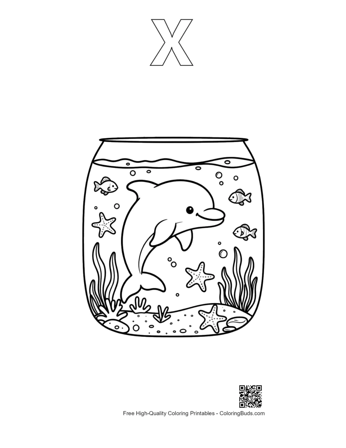 Dolphin glass bubble printable with alphabet X outline