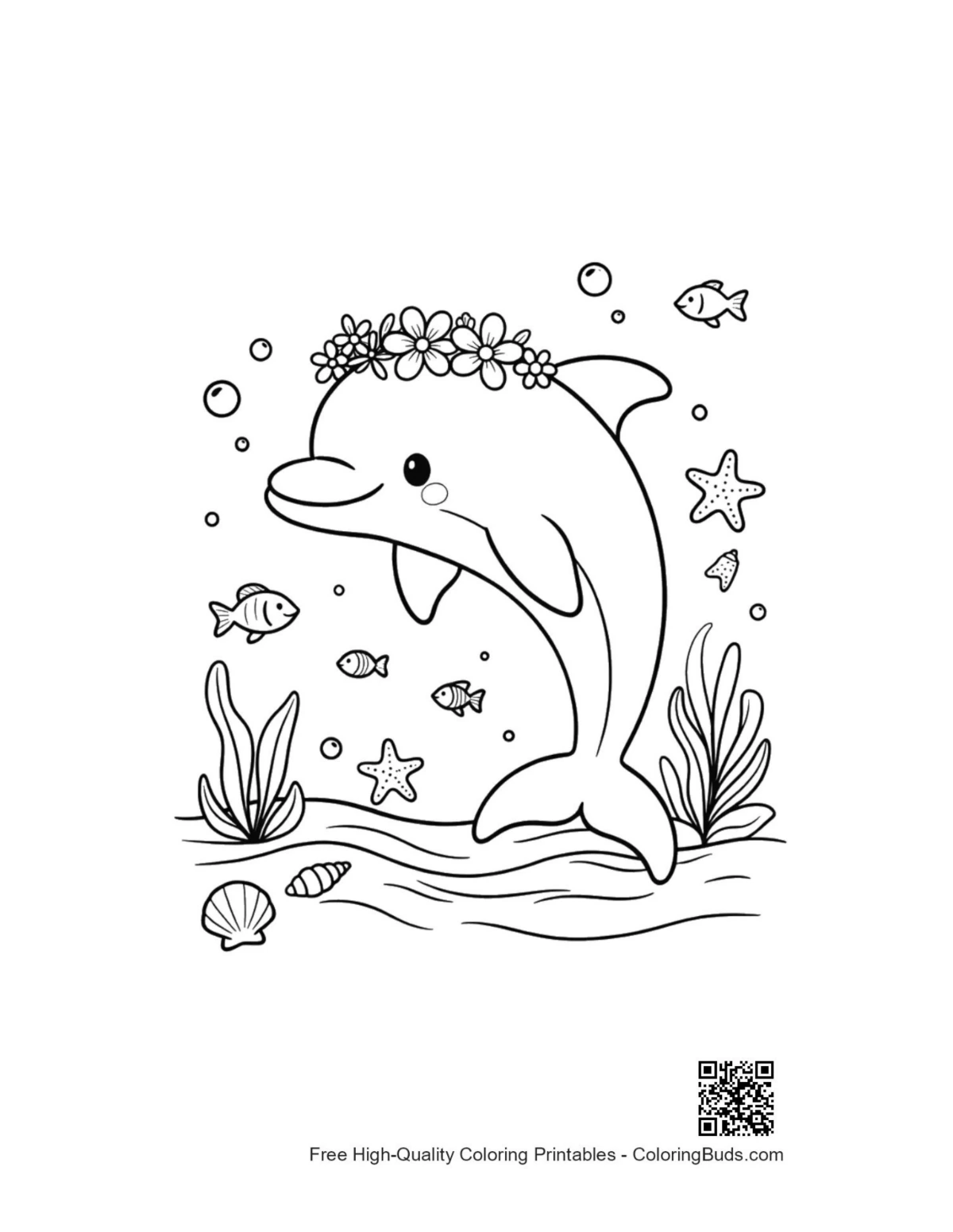 Smiling dolphin flower crown underwater coloring page
