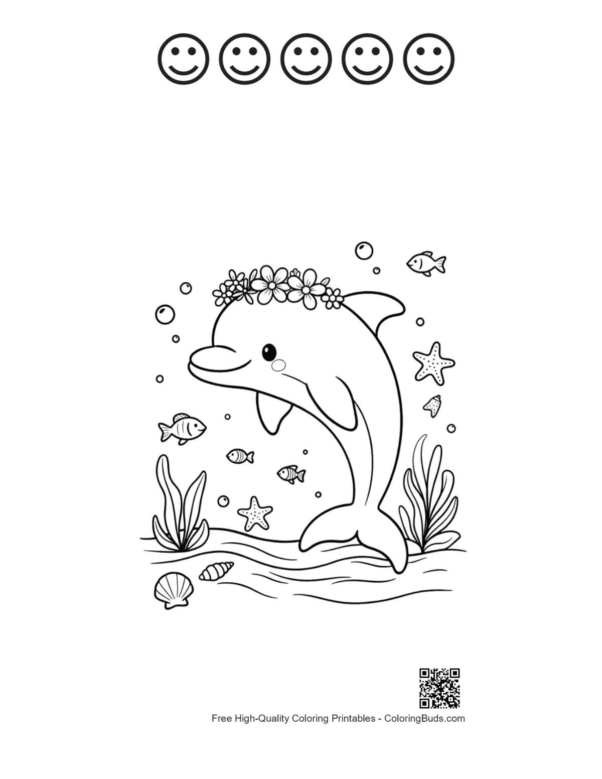 Smiling dolphin flower crown with happy faces outlines