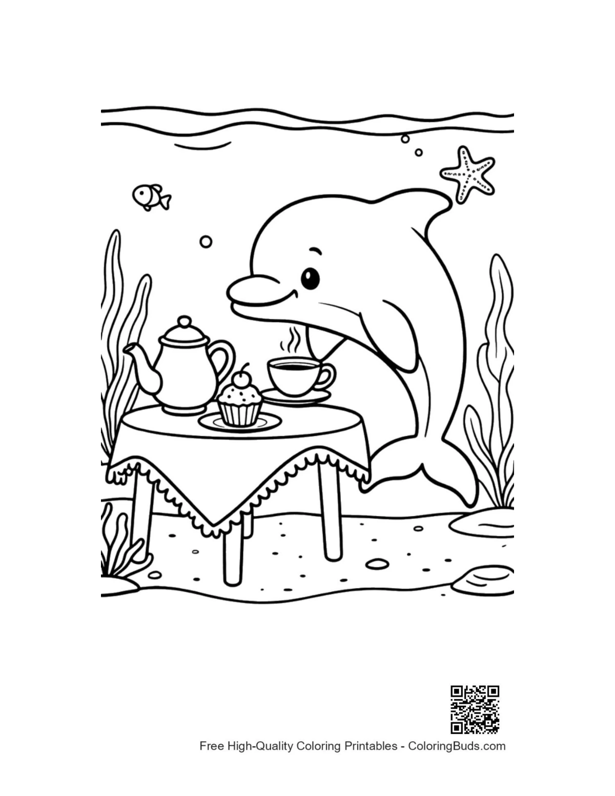 Sophisticated dolphin at sea tea table coloring page