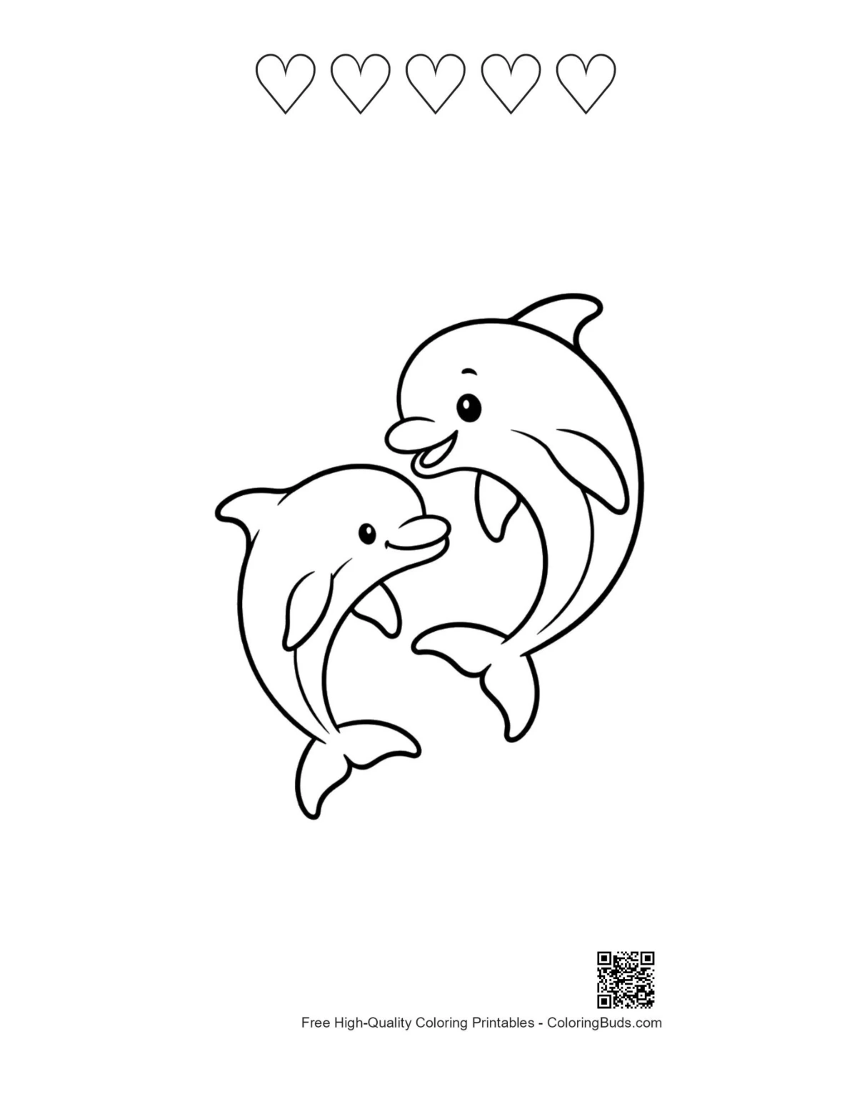 Heart outlines and smiling dolphins page