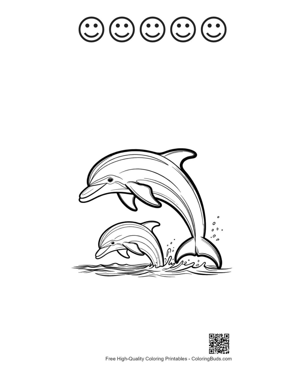 Playful dolphins with happy faces outline