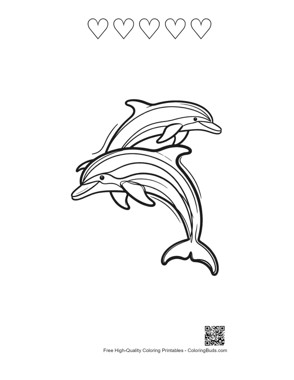 Playful dolphins with heart outlines printable