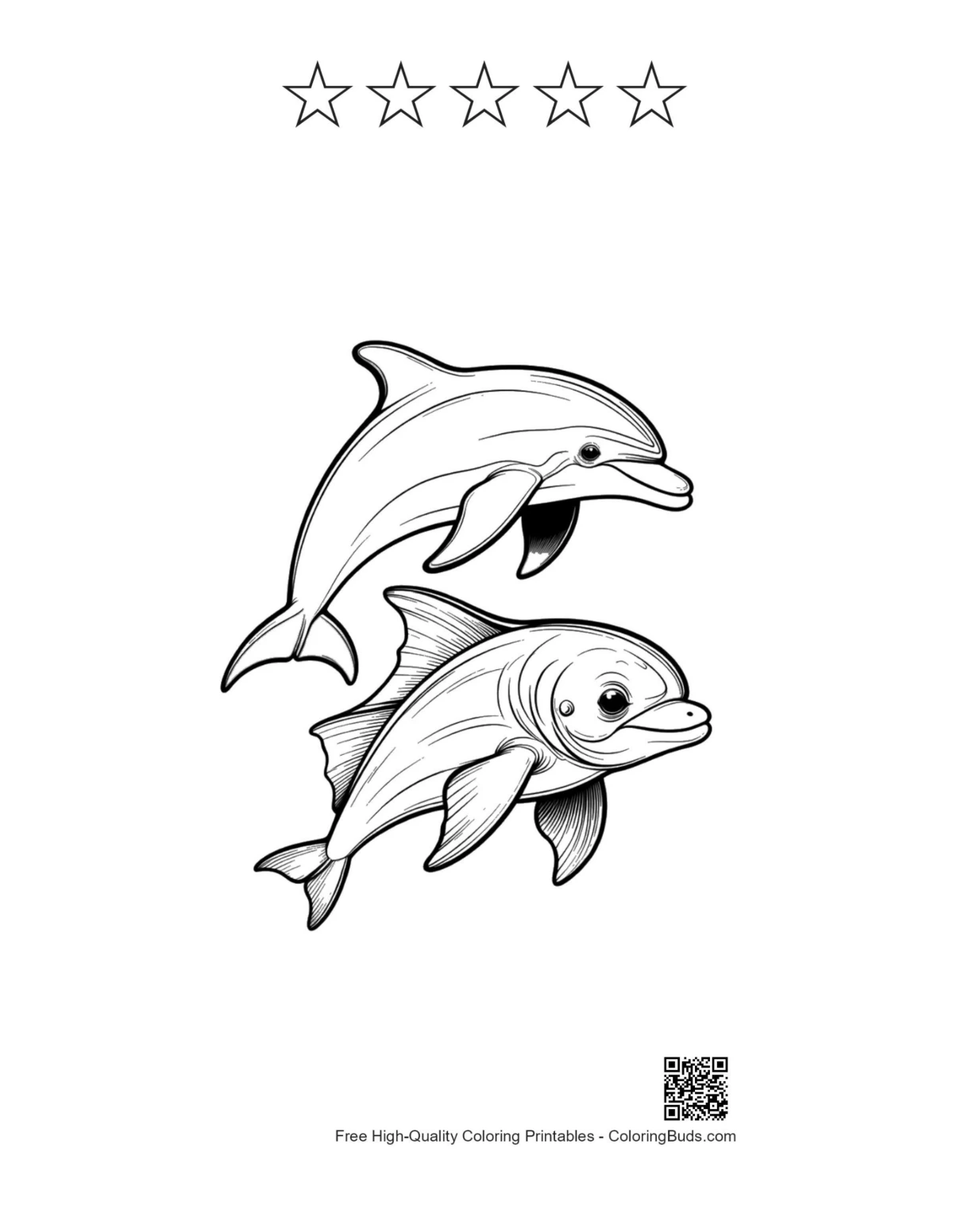 Leaping dolphins printable with 5-star outlines