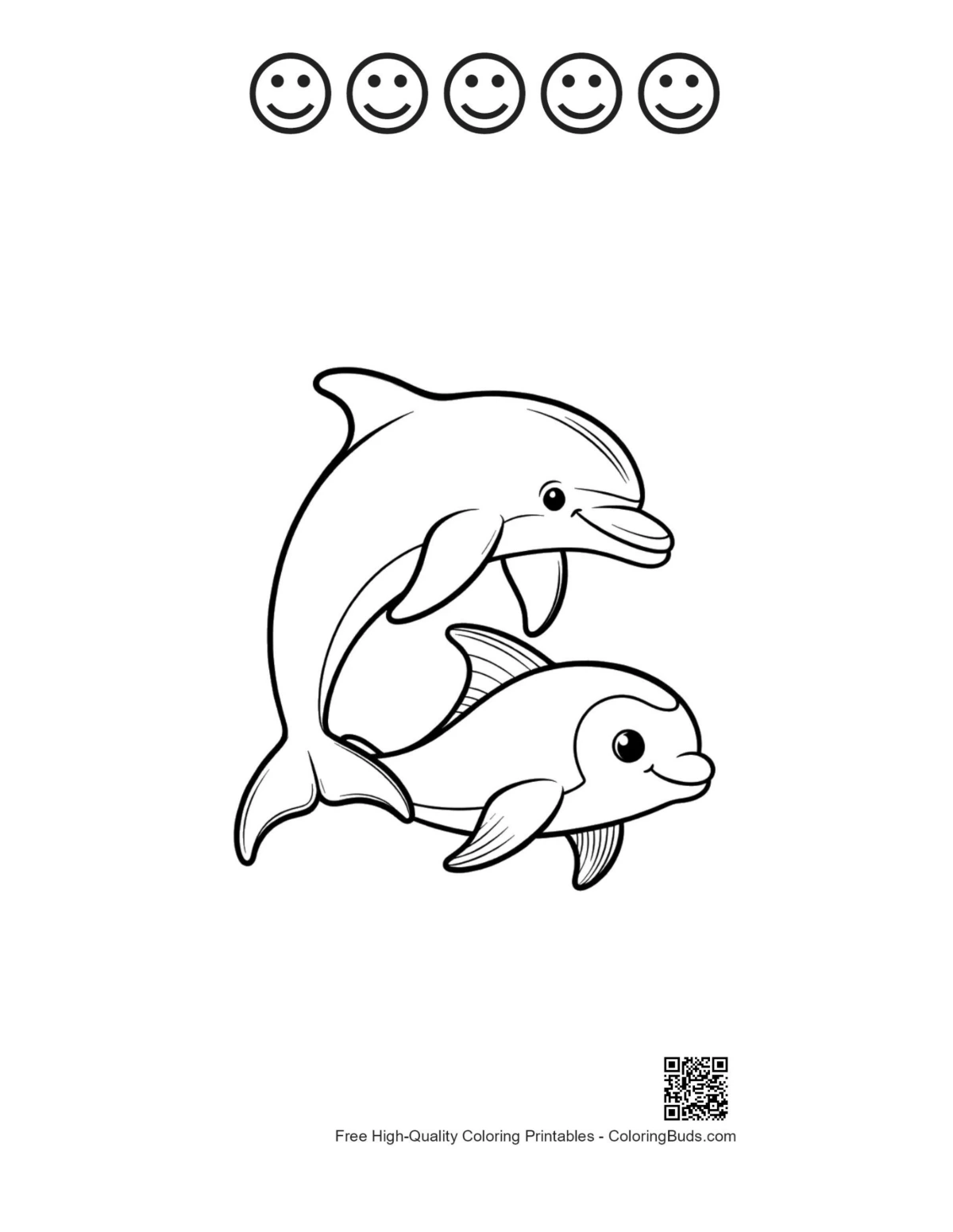 Playful dolphins with 5 happy faces outline print