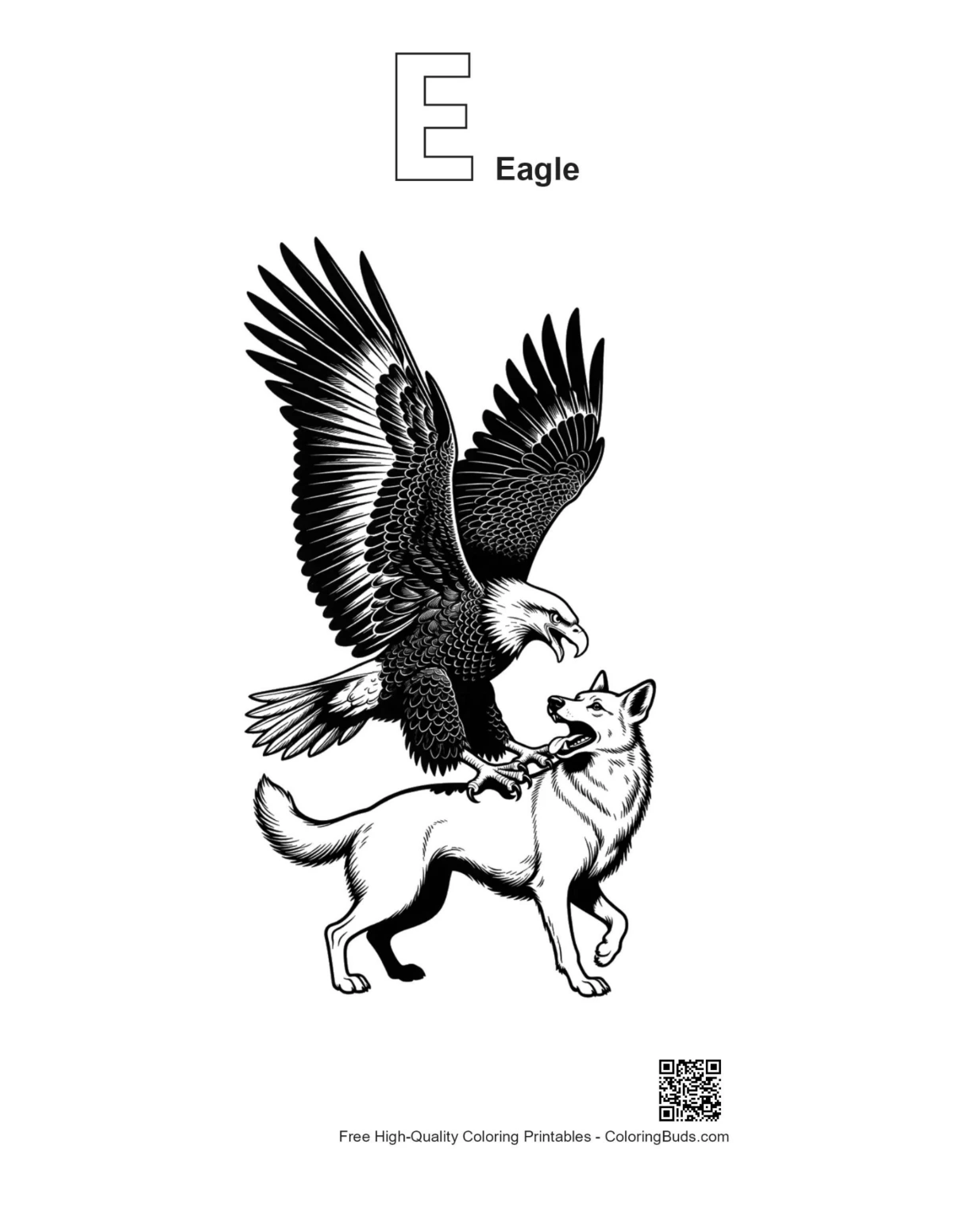 Outline bald eagle wolf with alphabet E