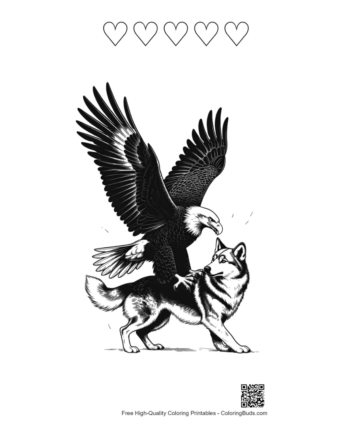 5 heart outline bald eagle dominating husky wolf design