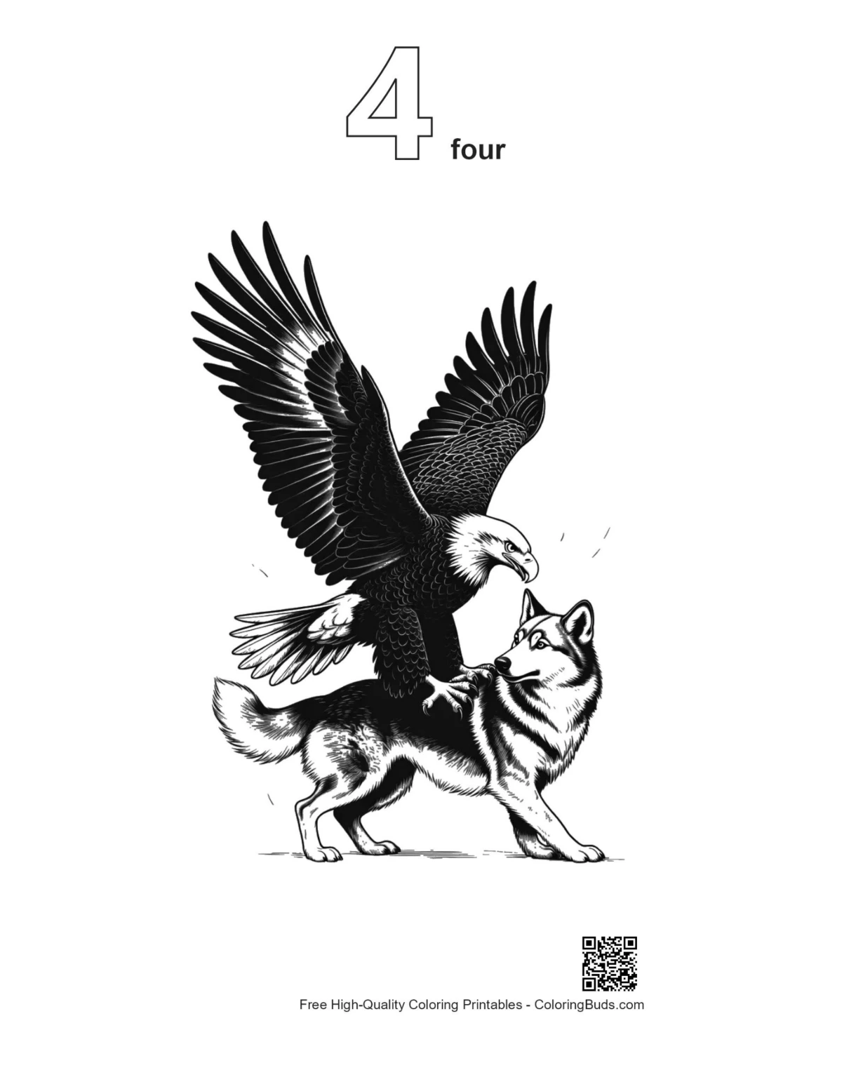 Number 4 outline of bald eagle dominating husky wolf