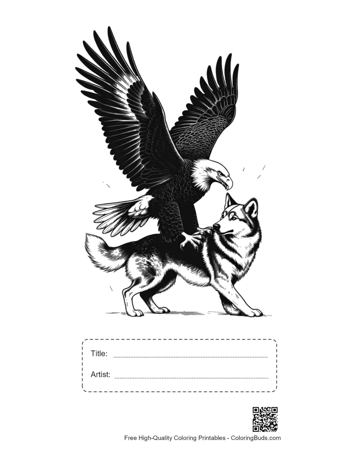 Bald eagle husky wolf printable with title and artist info