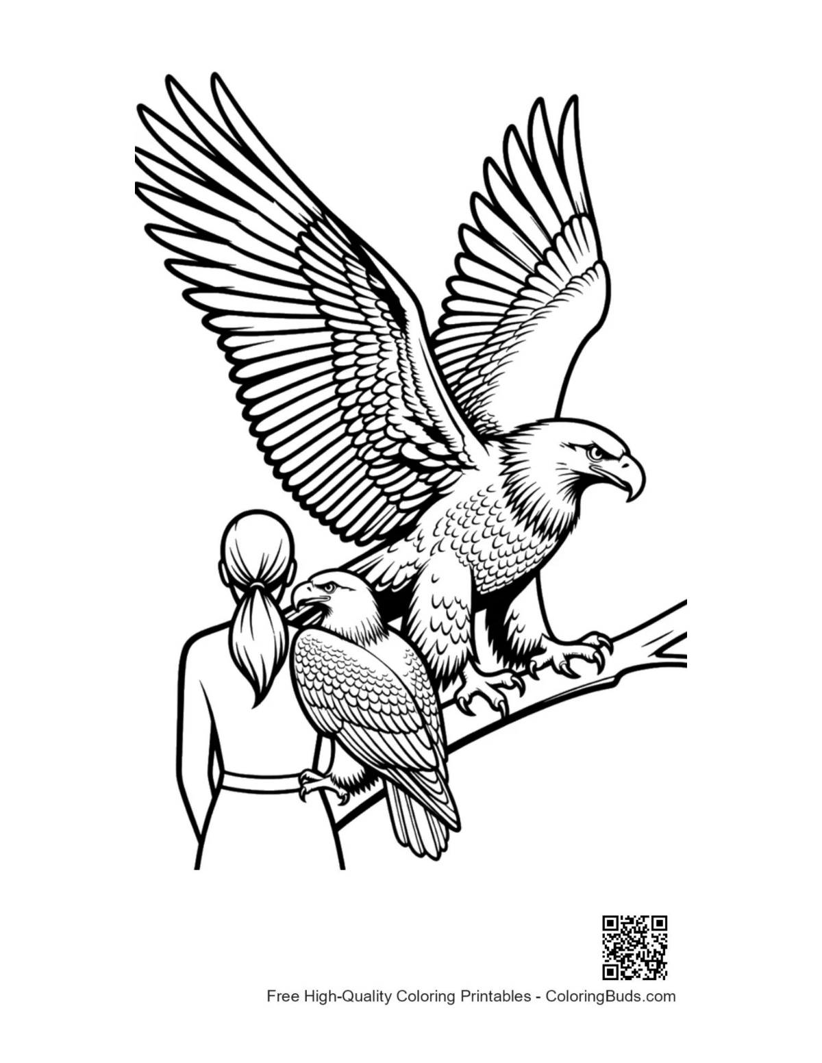 Majestic bald eagle perched with woman outline