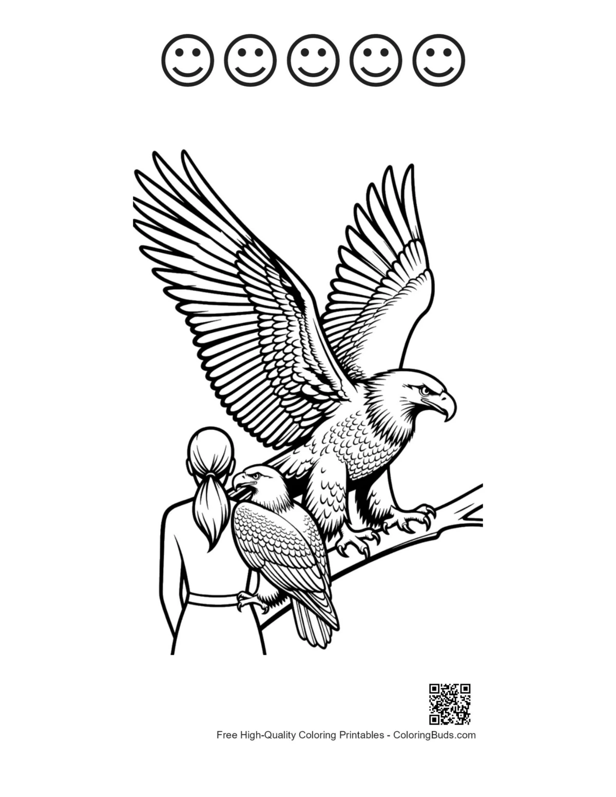 Printable bald eagle with woman and happy faces