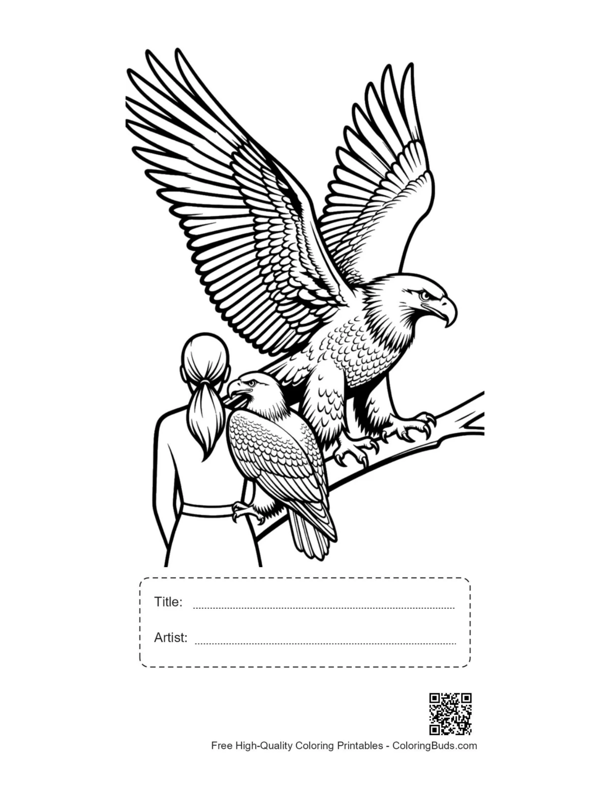 Printable bald eagle with woman, title and artist box