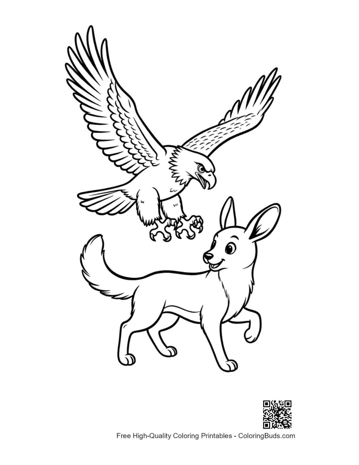 Bald eagle soaring above playful fennec fox artwork