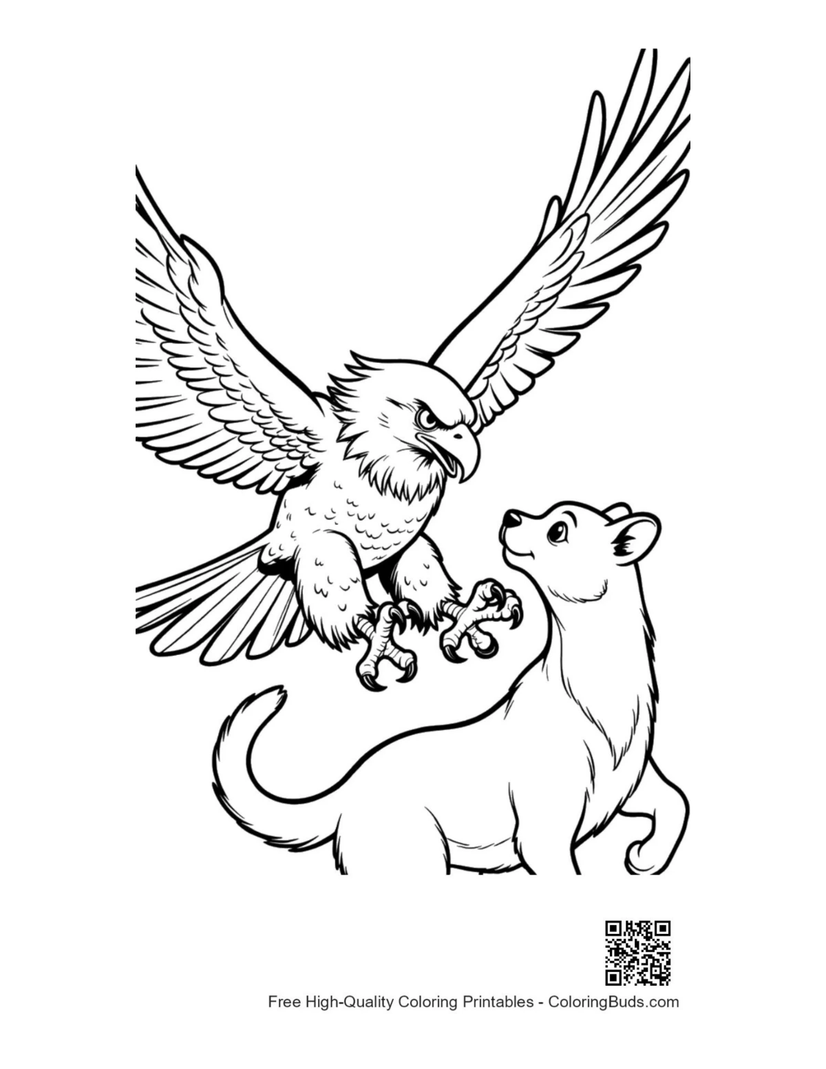 Bald eagle swooping at playful kitten illustration
