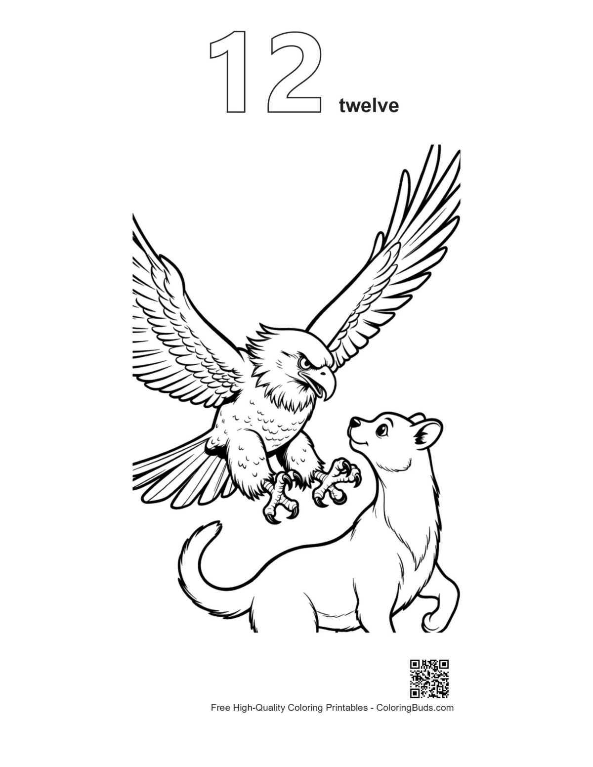 Outline printable of bald eagle and kitten number 12