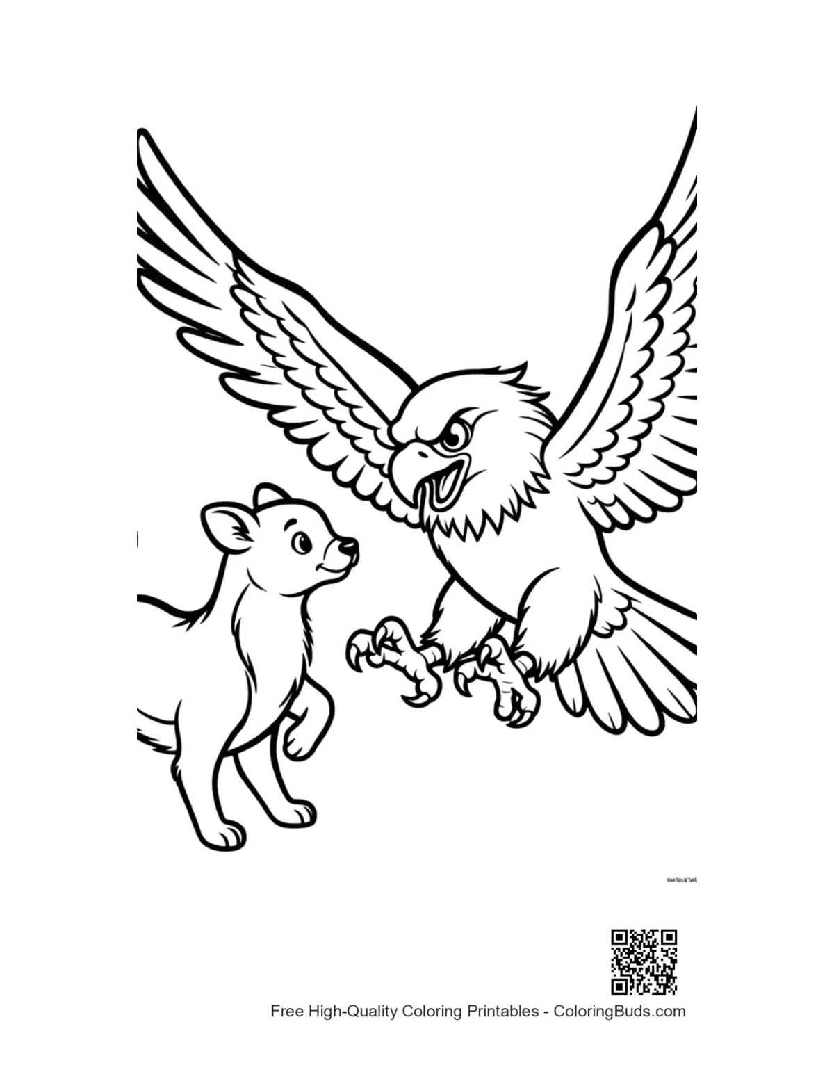 Bald eagle diving toward playful puppy illustration