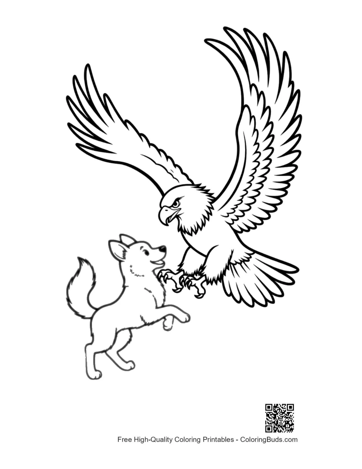 Majestic golden eagle diving at playful white puppy