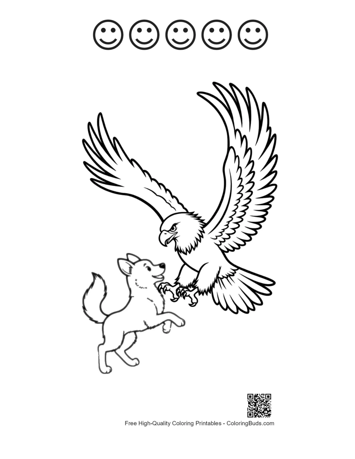 Eagle swooping puppy with 5 happy faces outline