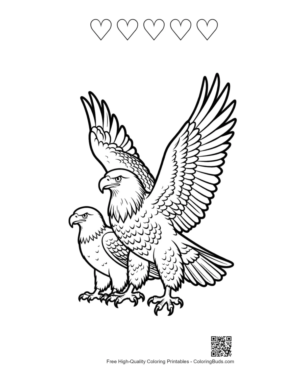 Bald eagles coloring page with heart outlines